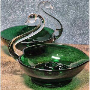 Pair of Duncan Miller Emerald Green Glass Swan Candle Holders Vintage Mid Cent.